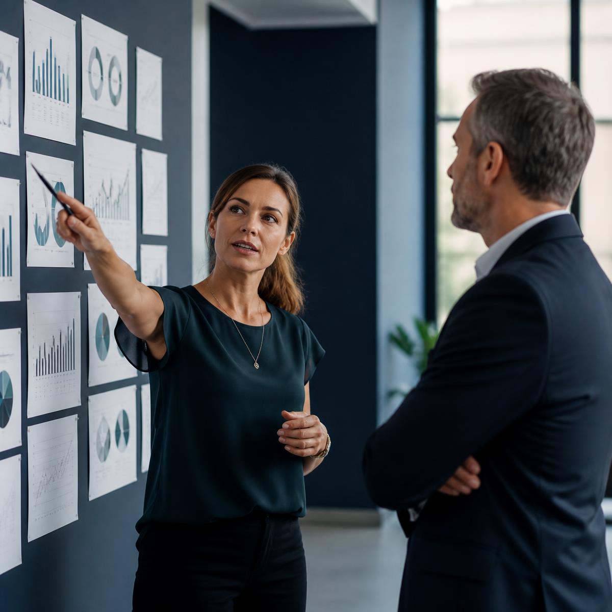 Consultora apresentando o plano estratégico de organização a um empresário