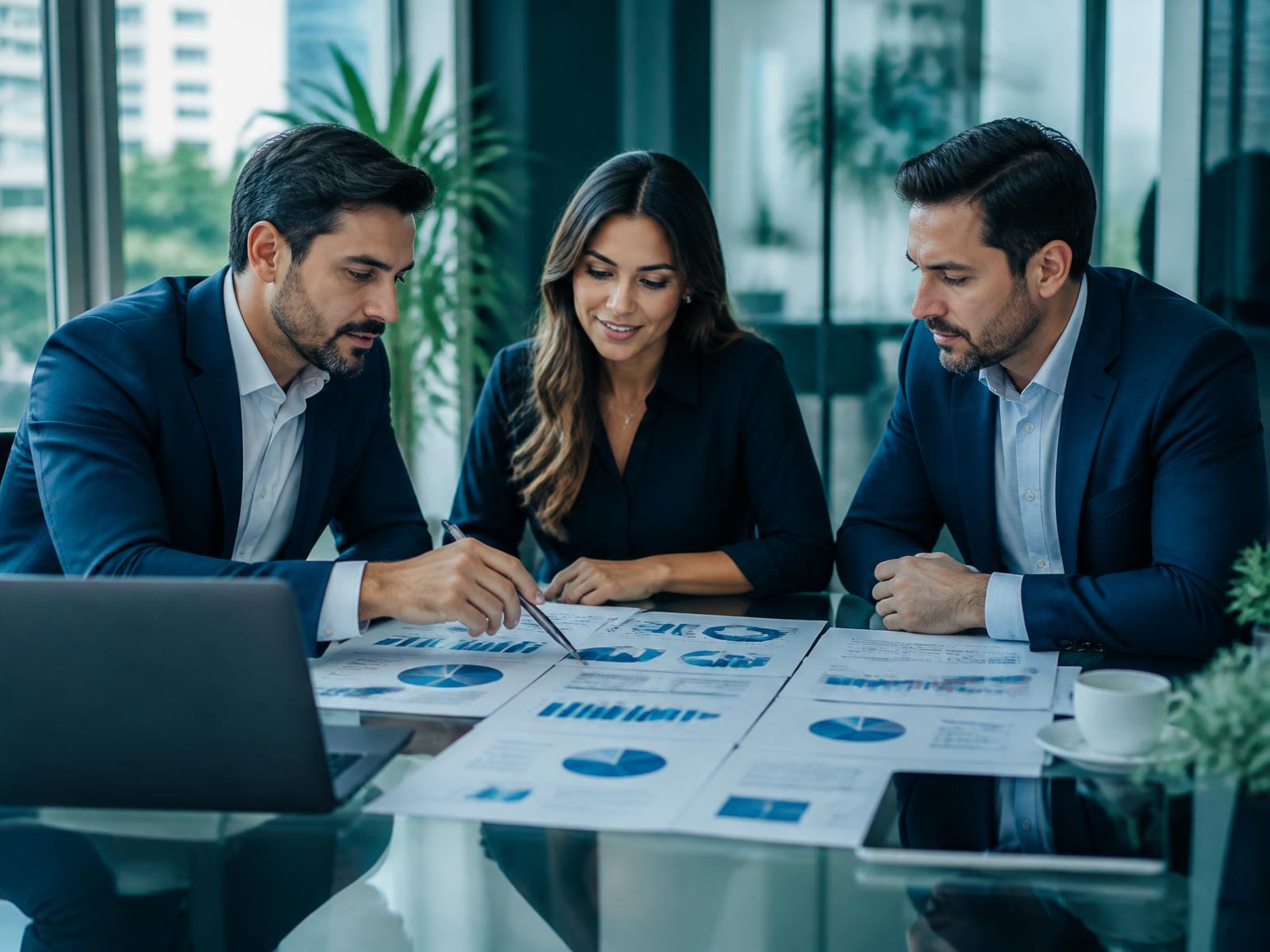 Empresários analisando indicadores e relatórios de gestão em reunião estratégica